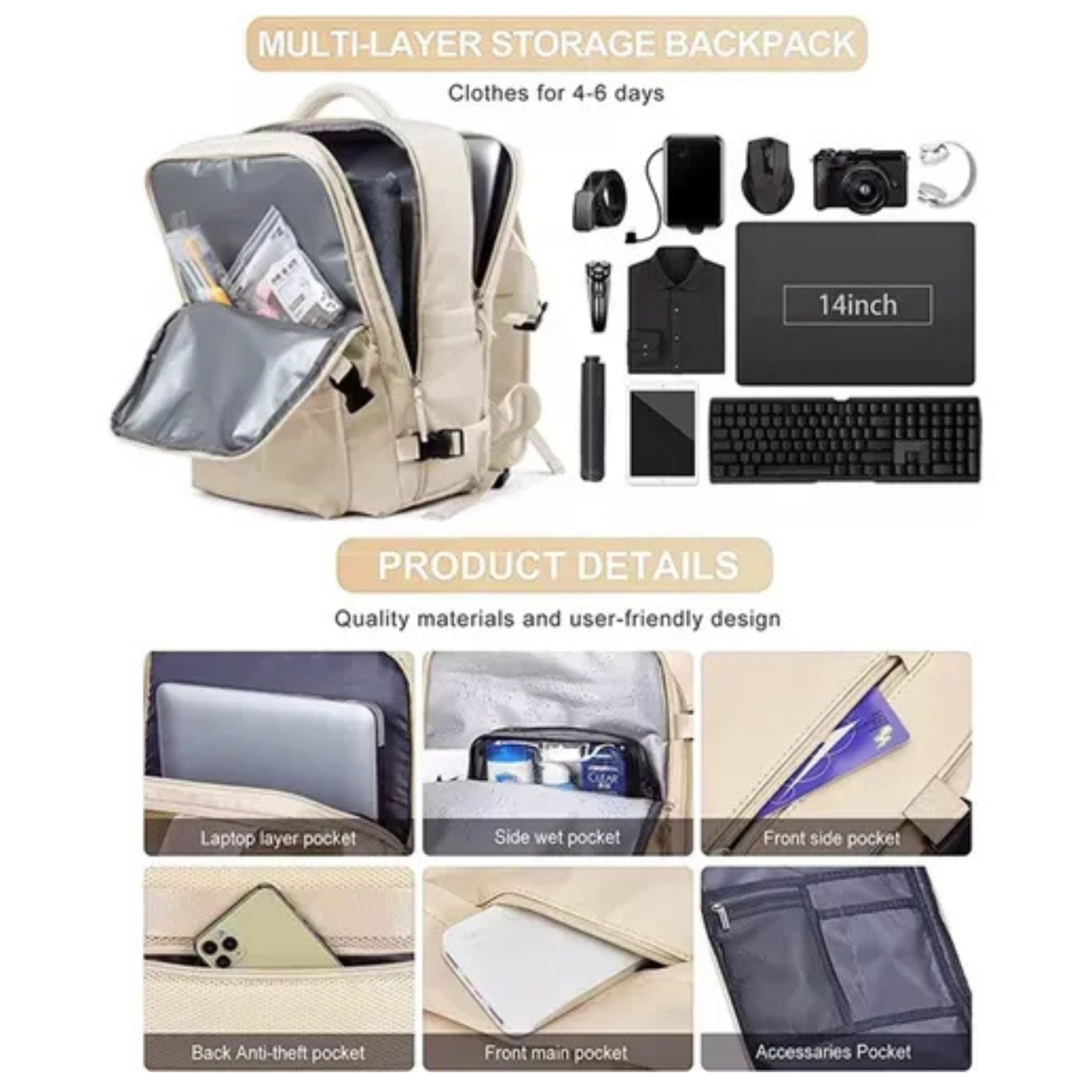 Mochila Viaje Carry On Viral Notebook Aprobada para Avión Beige