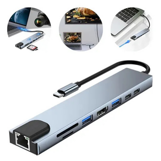 Adaptador Hub Usb-c 8 En 1 Hdmi Ethernet Lector De Memorias Plateado