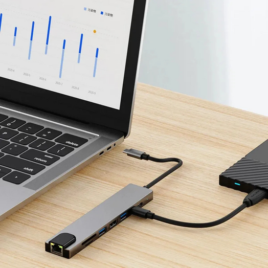 Adaptador Hub Usb-c 8 En 1 Hdmi Ethernet Lector De Memorias Plateado