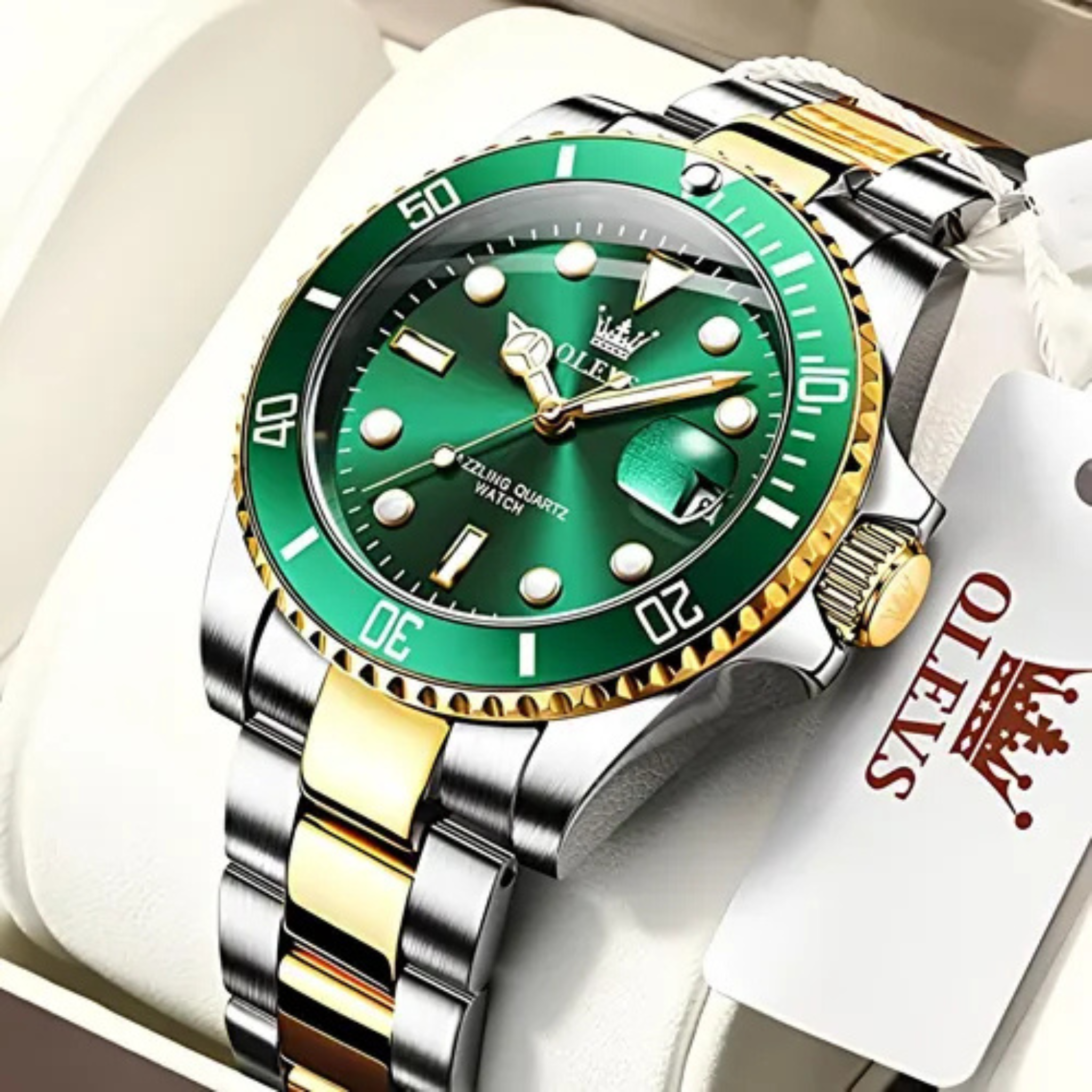 Reloj De Lujo Para Hombre Elegante Marca Olevs Malla Acero Plateado Con Dorado Verde