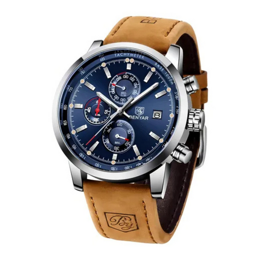 Benyar Reloj Blue para hombre, correa de piel y cristal de cuarzo