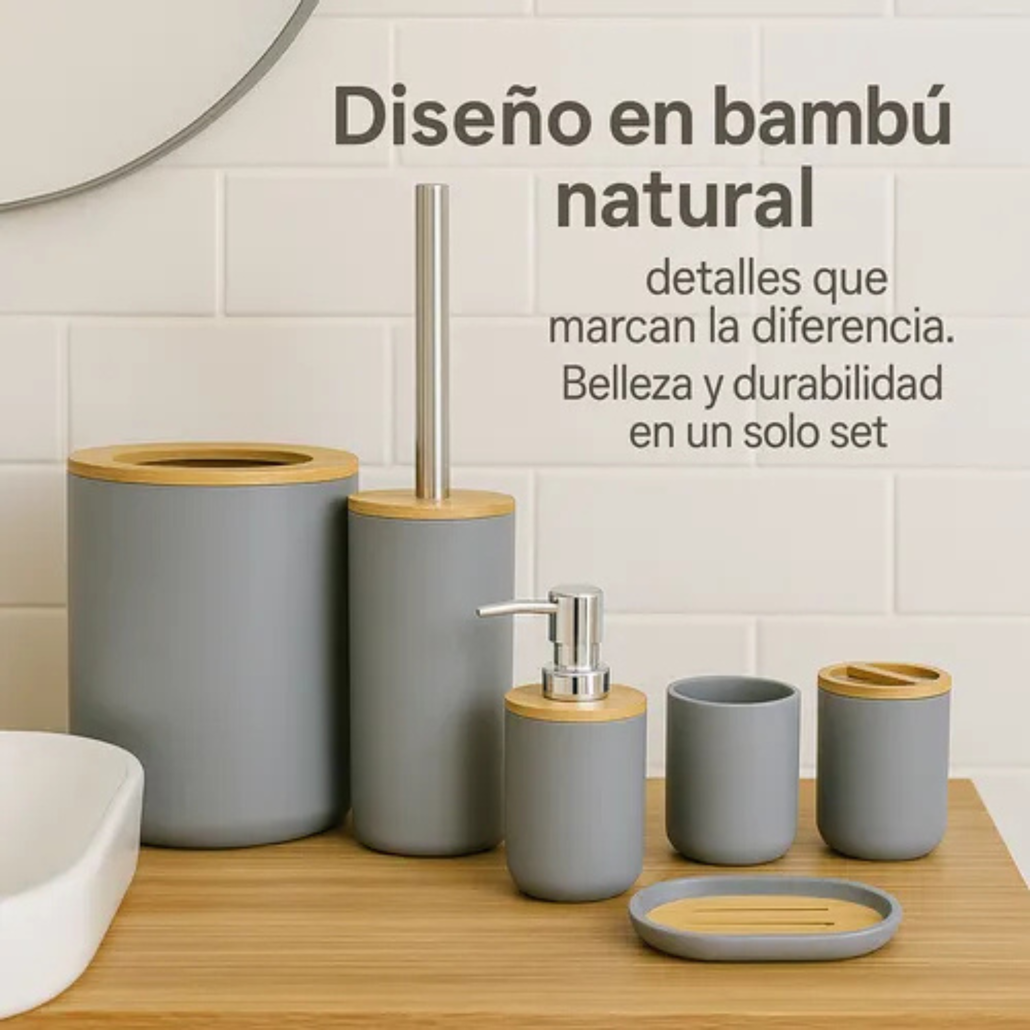 Juego Set De Accesorios Completo Baño 6 Piezas Bambu Premium Negro