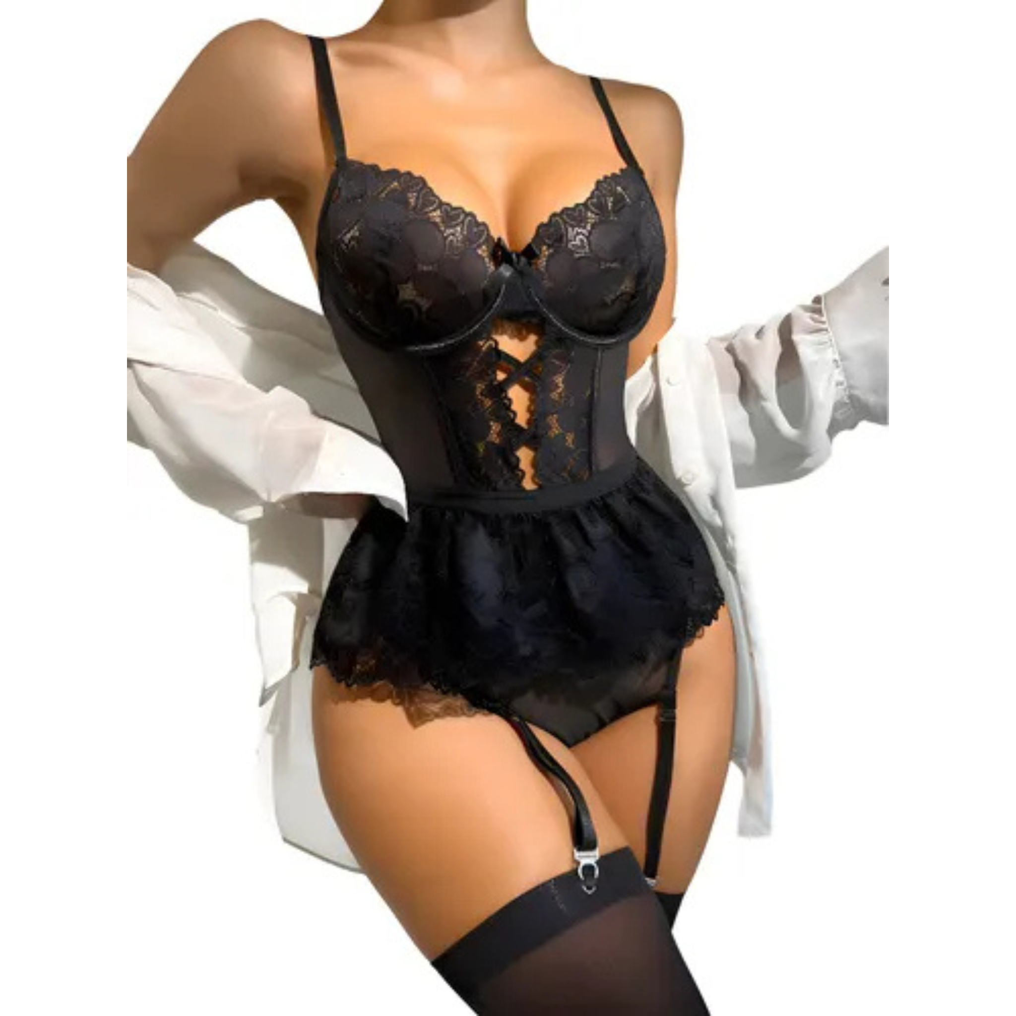 Conjunto Lencería Sexy 3 Piezas Encaje Body-ligas-medias Rojo 3445