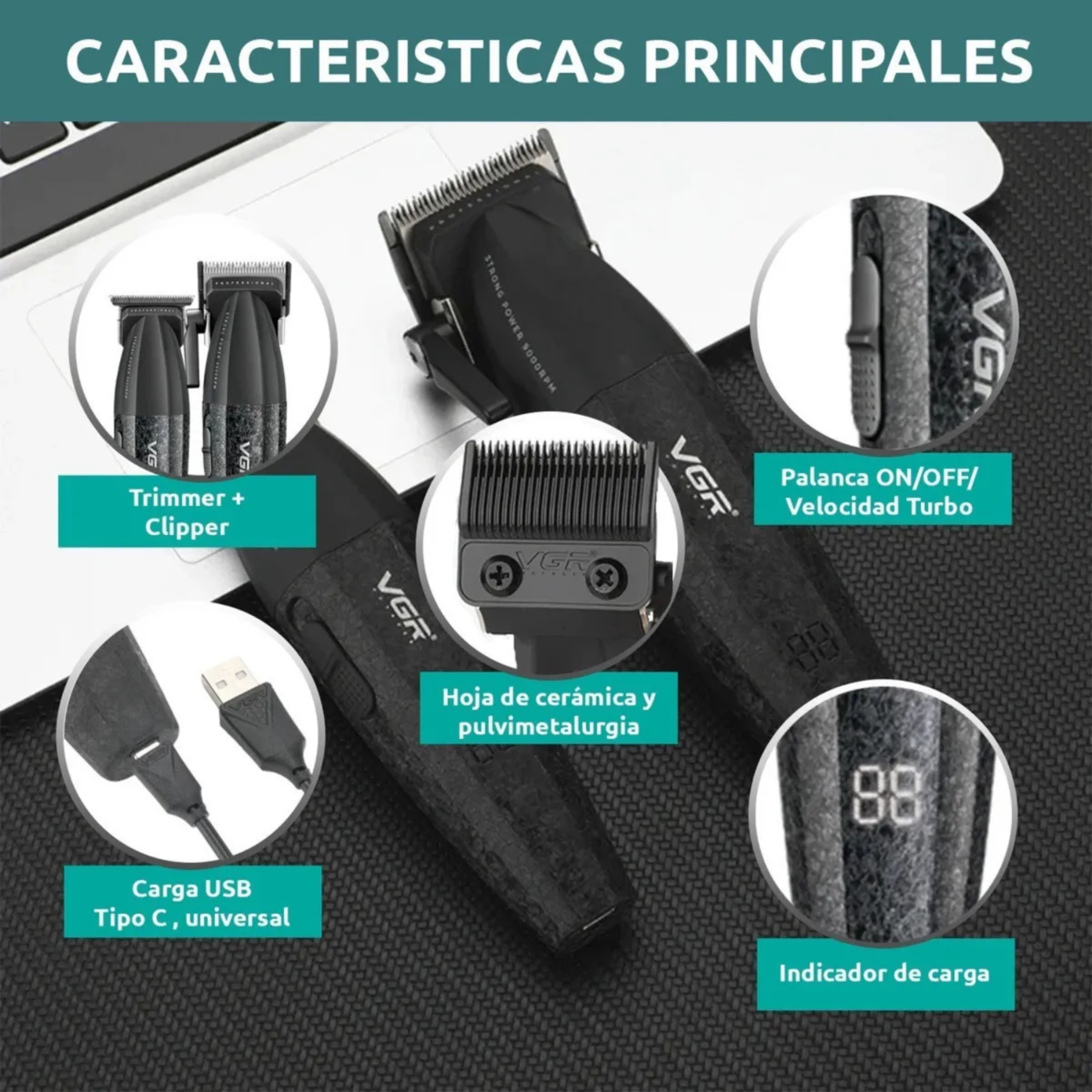 Kit Máquinas Barbería Clipper Trimmer Pro Vgr V-640 9000 Rpm Negro