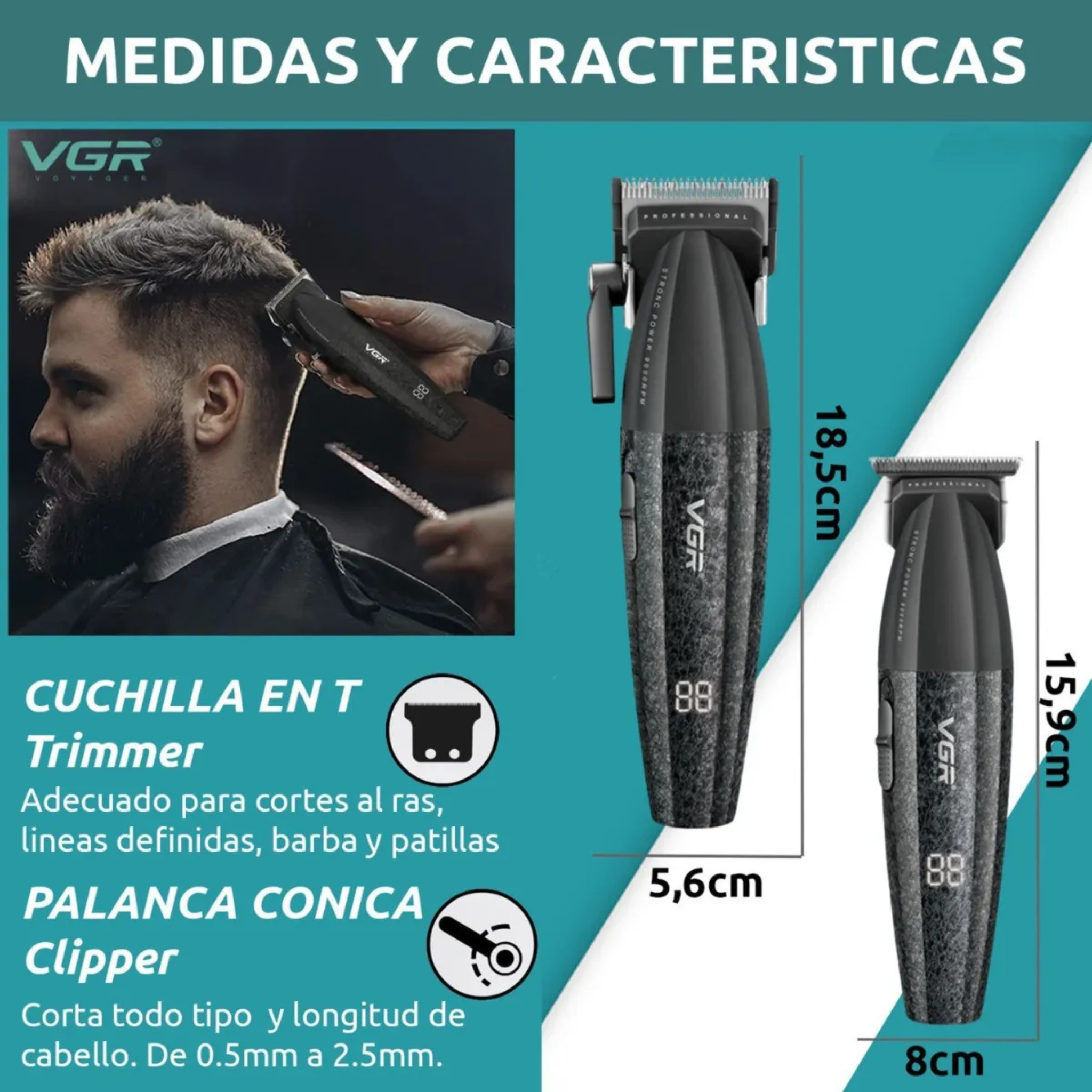 Kit Máquinas Barbería Clipper Trimmer Pro Vgr V-640 9000 Rpm Negro