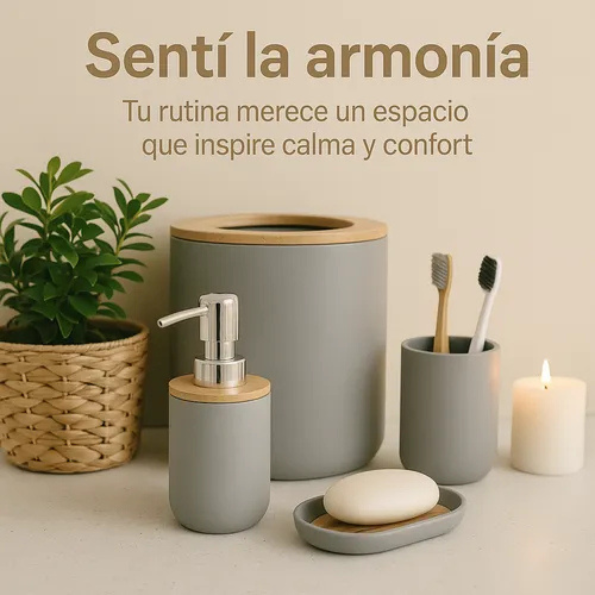 Juego Set De Accesorios Completo Baño 6 Piezas Bambu Premium Blanco
