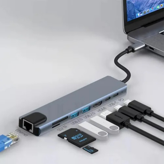 Adaptador Hub Usb-c 8 En 1 Hdmi Ethernet Lector De Memorias Plateado