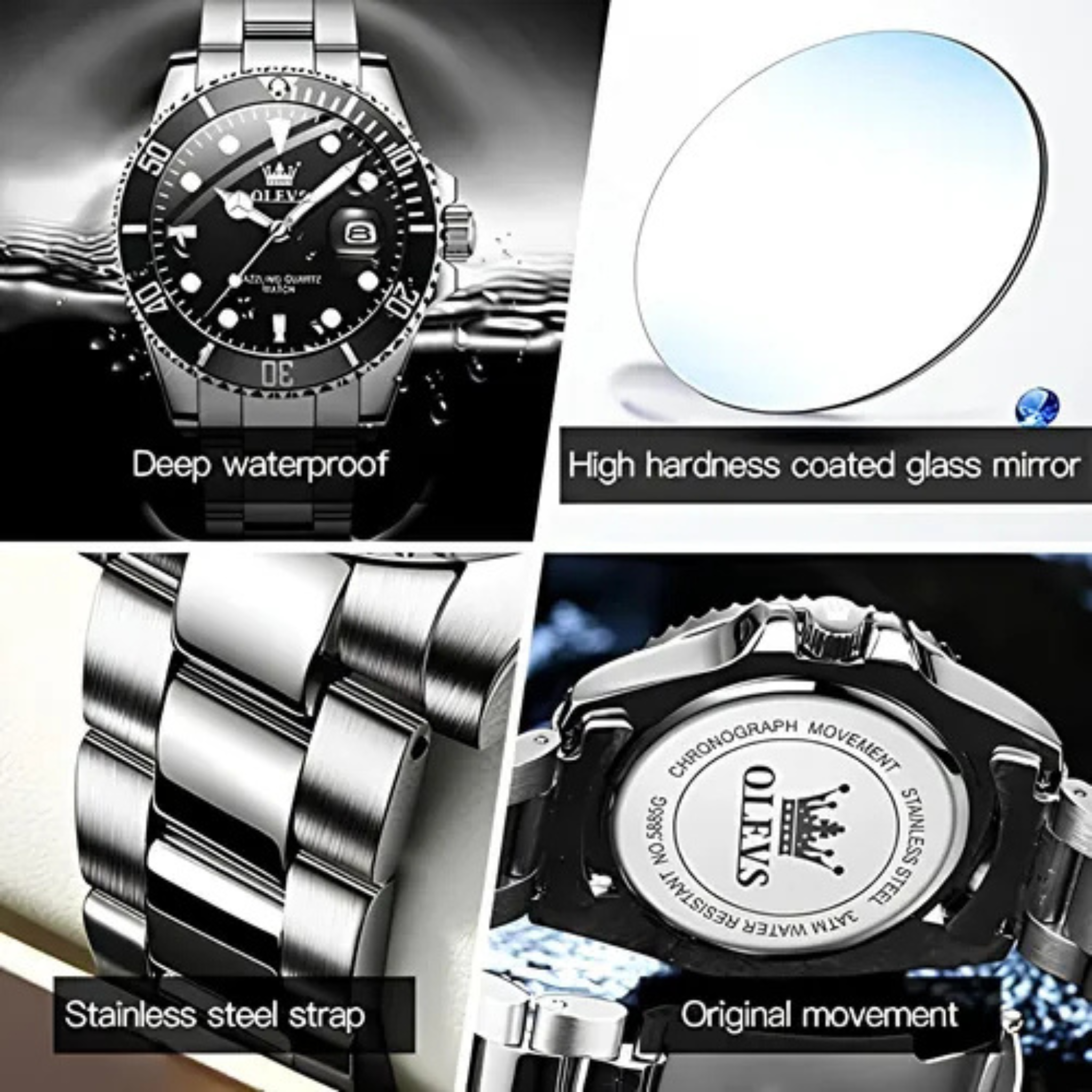 Reloj De Lujo Para Hombre Elegante Marca Olevs Malla Acero Plateado Con Dorado Negro