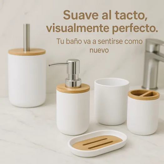 Juego Set De Accesorios Completo Baño 6 Piezas Bambu Premium Gris