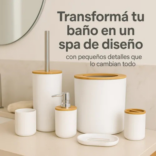 Juego Set De Accesorios Completo Baño 6 Piezas Bambu Premium Blanco