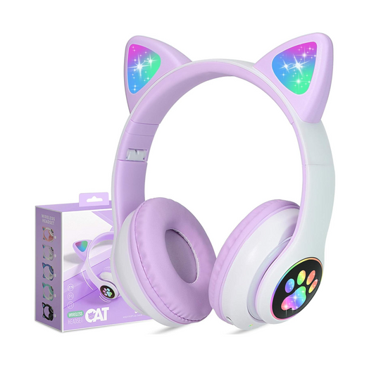 Auriculares Bluetooth Manos Libres para Niños Orejas de Gatito & Luces Color Lila
