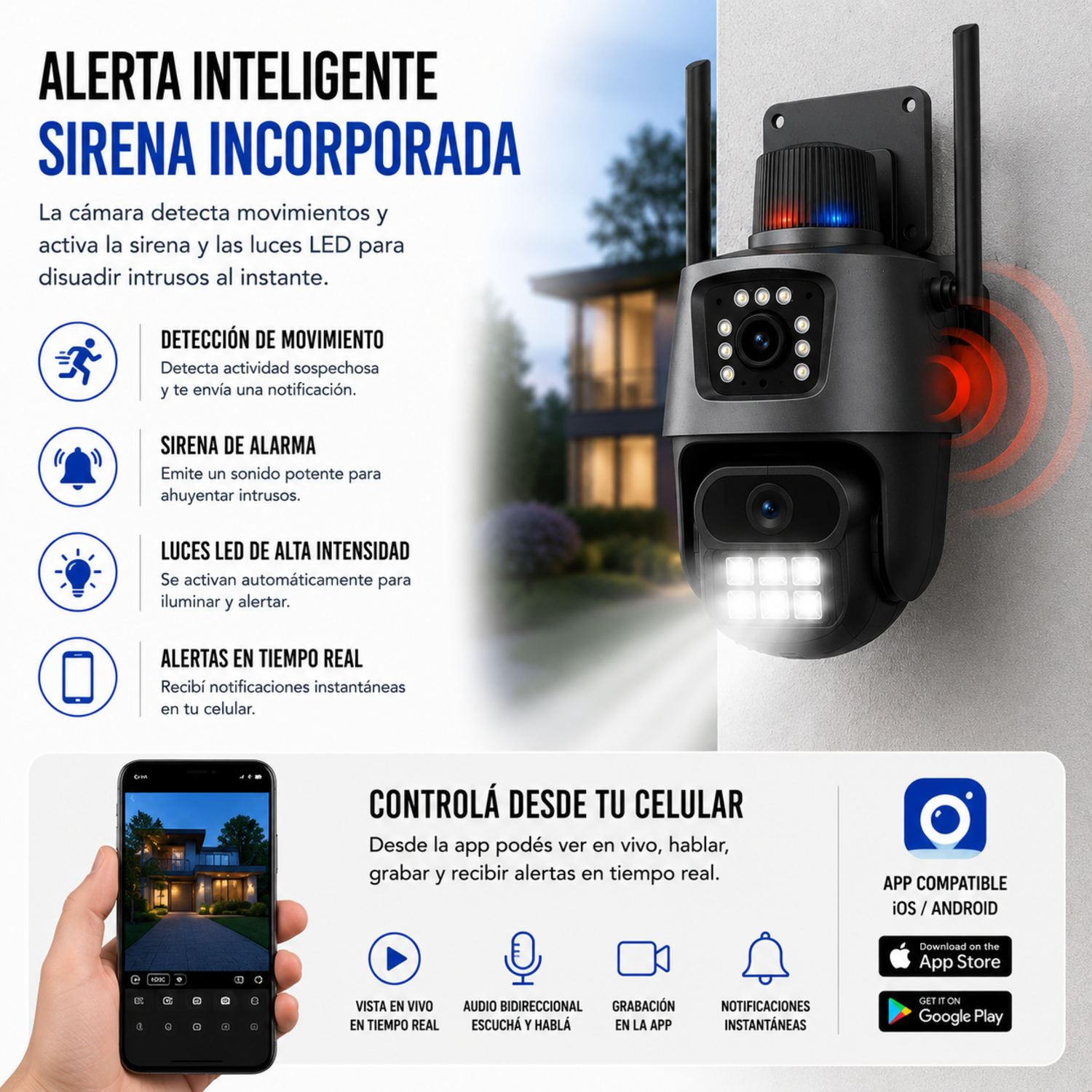 Cámara de seguridad Wifi PTZ 360° con doble lente y sirena 6MP