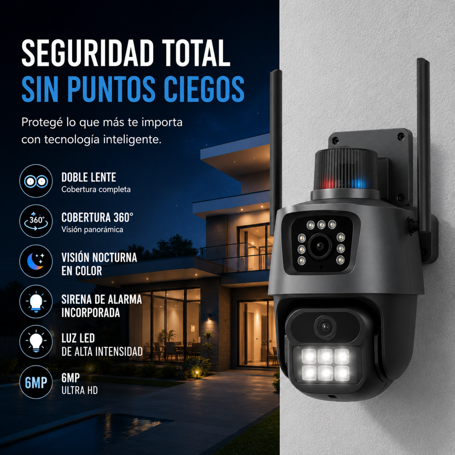 Cámara de seguridad Wifi PTZ 360° con doble lente y sirena 6MP