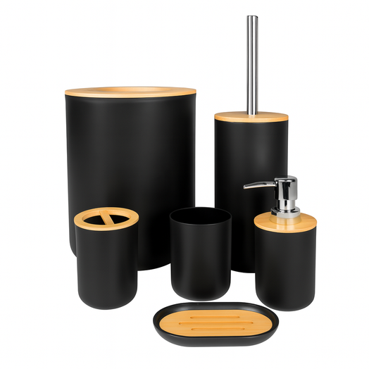 Juego Set De Accesorios Completo Baño 6 Piezas Bambu Premium Negro