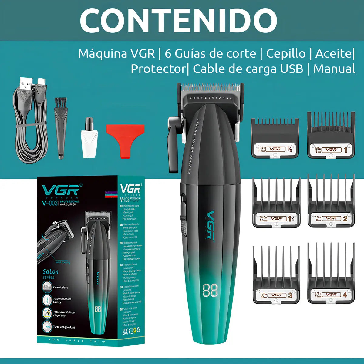 Kit Máquinas Barbería Clipper Trimmer Pro Vgr V-640 9000 Rpm Negro
