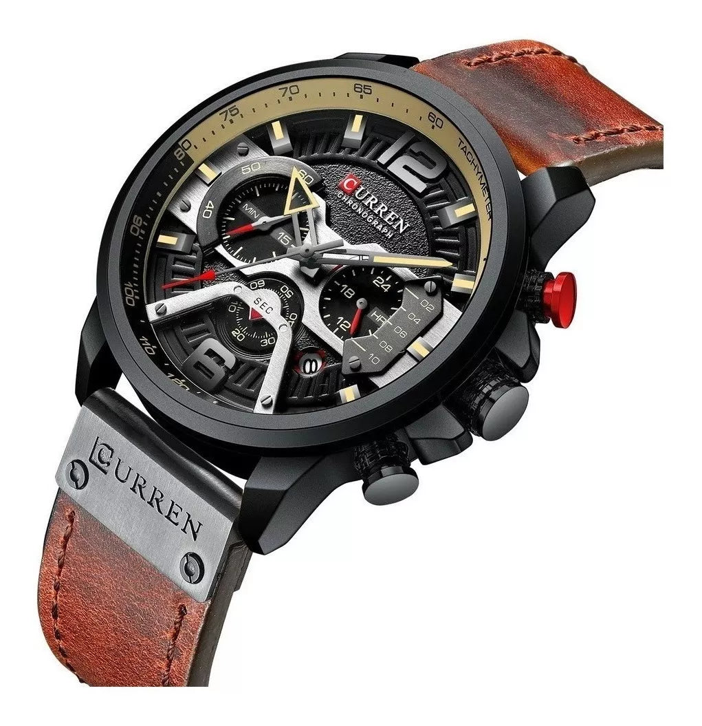 Reloj pulsera Curren 8329 con correa de cuero color marrón - fondo negro - bisel negro/ocre