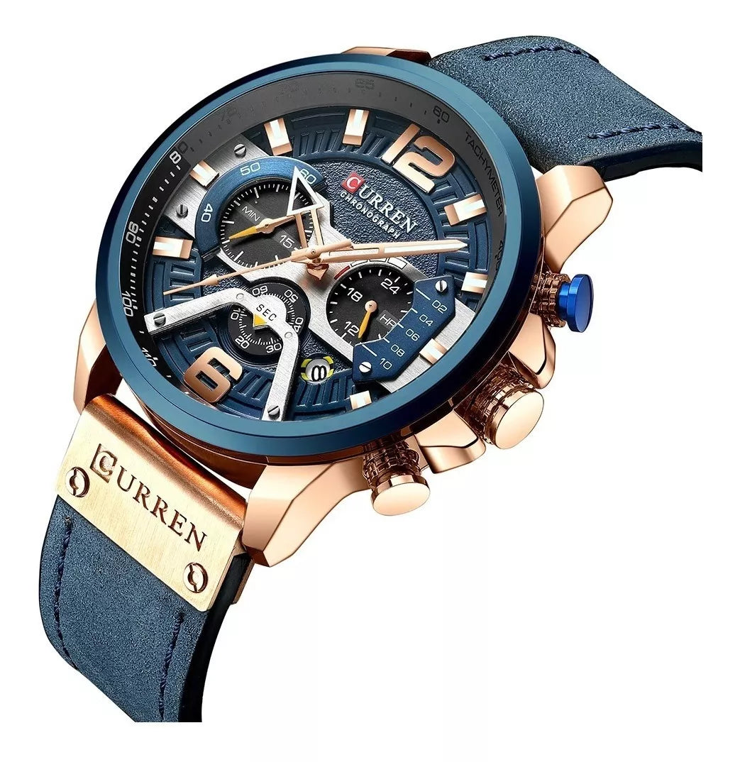 Reloj pulsera Curren 8329 con correa de cuero color azul - bisel azul/gris/negro
