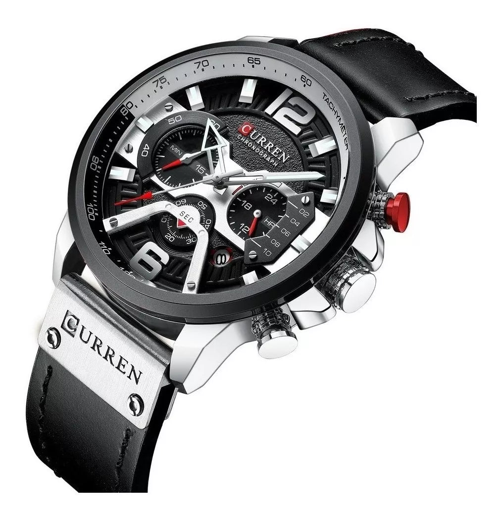 Reloj pulsera Curren 8329 con correa de cuero color negro - bisel negro/blanco