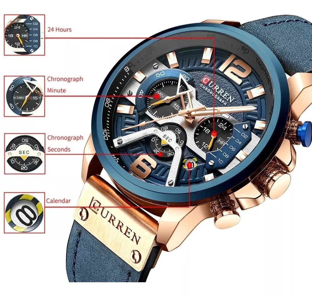 Reloj pulsera Curren 8329 con correa de cuero color azul - bisel azul/gris/negro