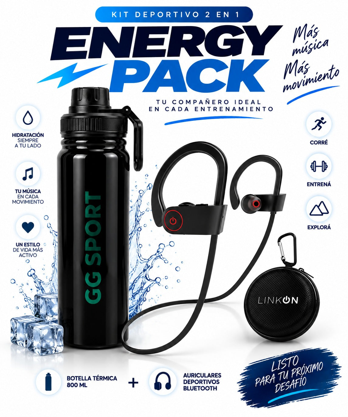 Energy Pack 2 en 1 – Auriculares Bluetooth + Botella Térmica 800 ml