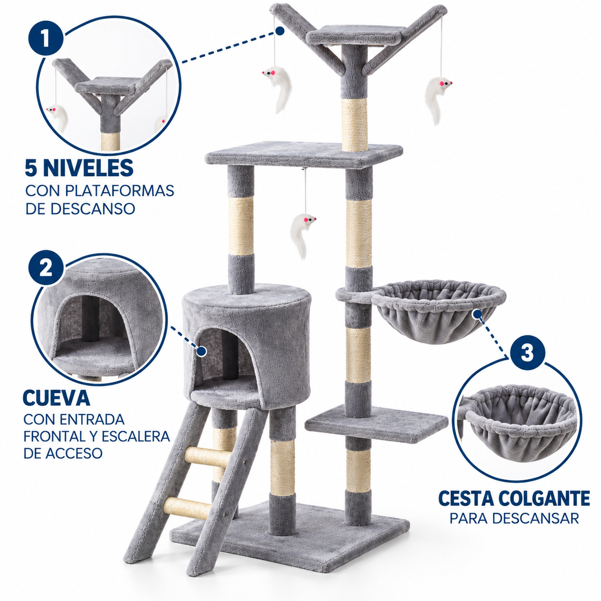 Rascador para Gatos de 5 Niveles con Cueva, Hamaca y Juguetes