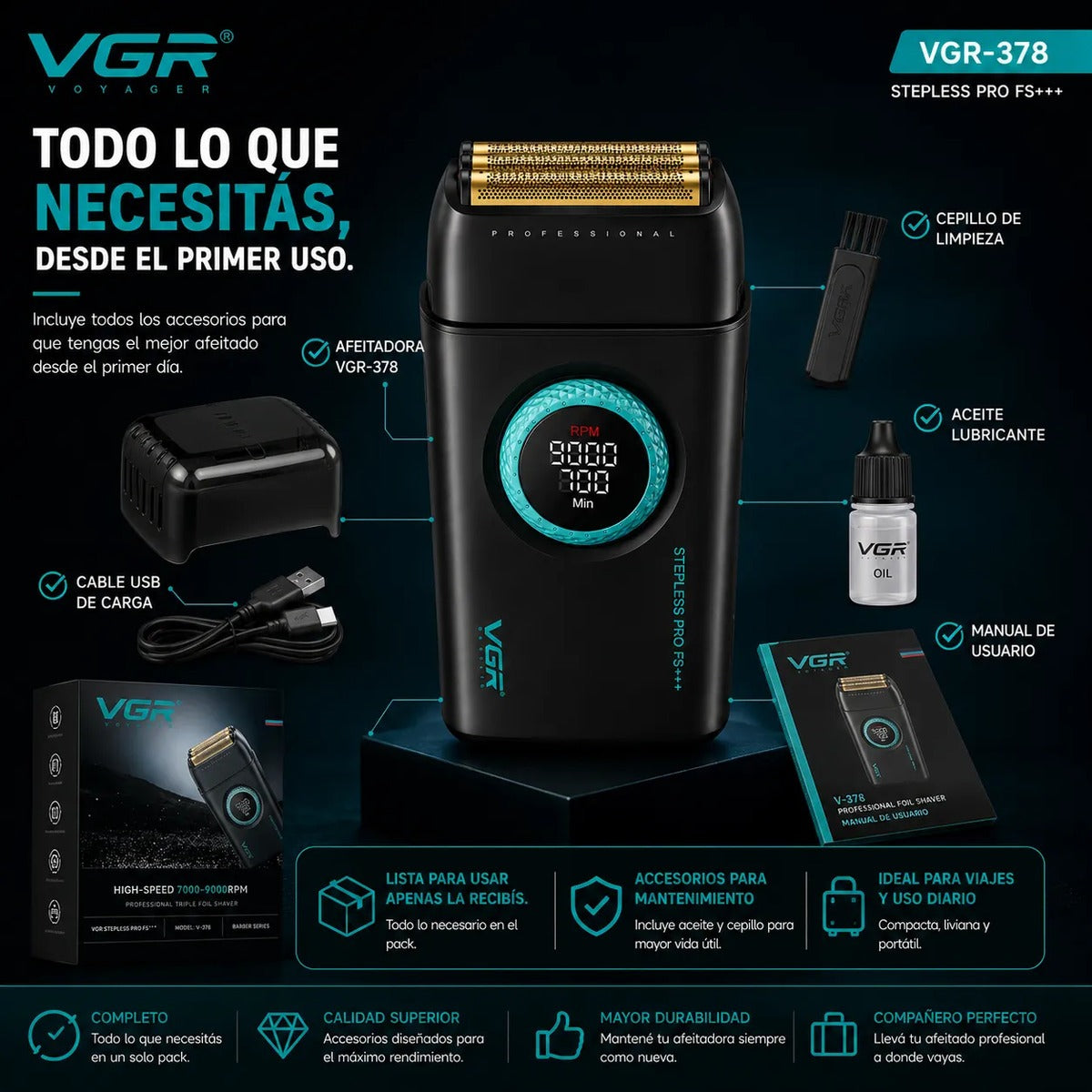 Afeitadora Shaver Eléctrica VGR V378 Recargable Hombre