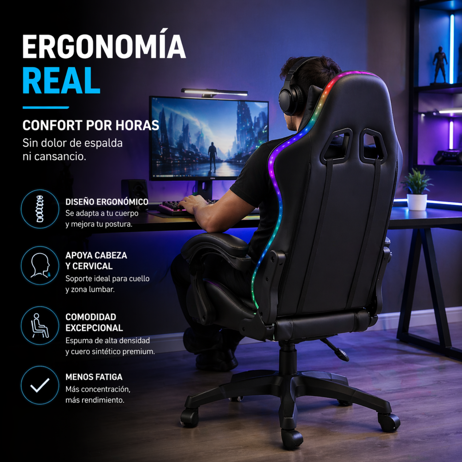 Silla Gamer Ergonómica Reclinable Luces Rgb Con Apoya Pies
