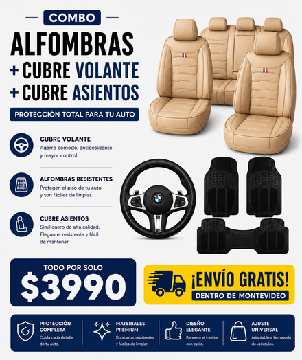 CUBRE ASIENTOS  PREMIUM + ALFOMBRAS + CUBRE VOLANTE ( COMBO 5)