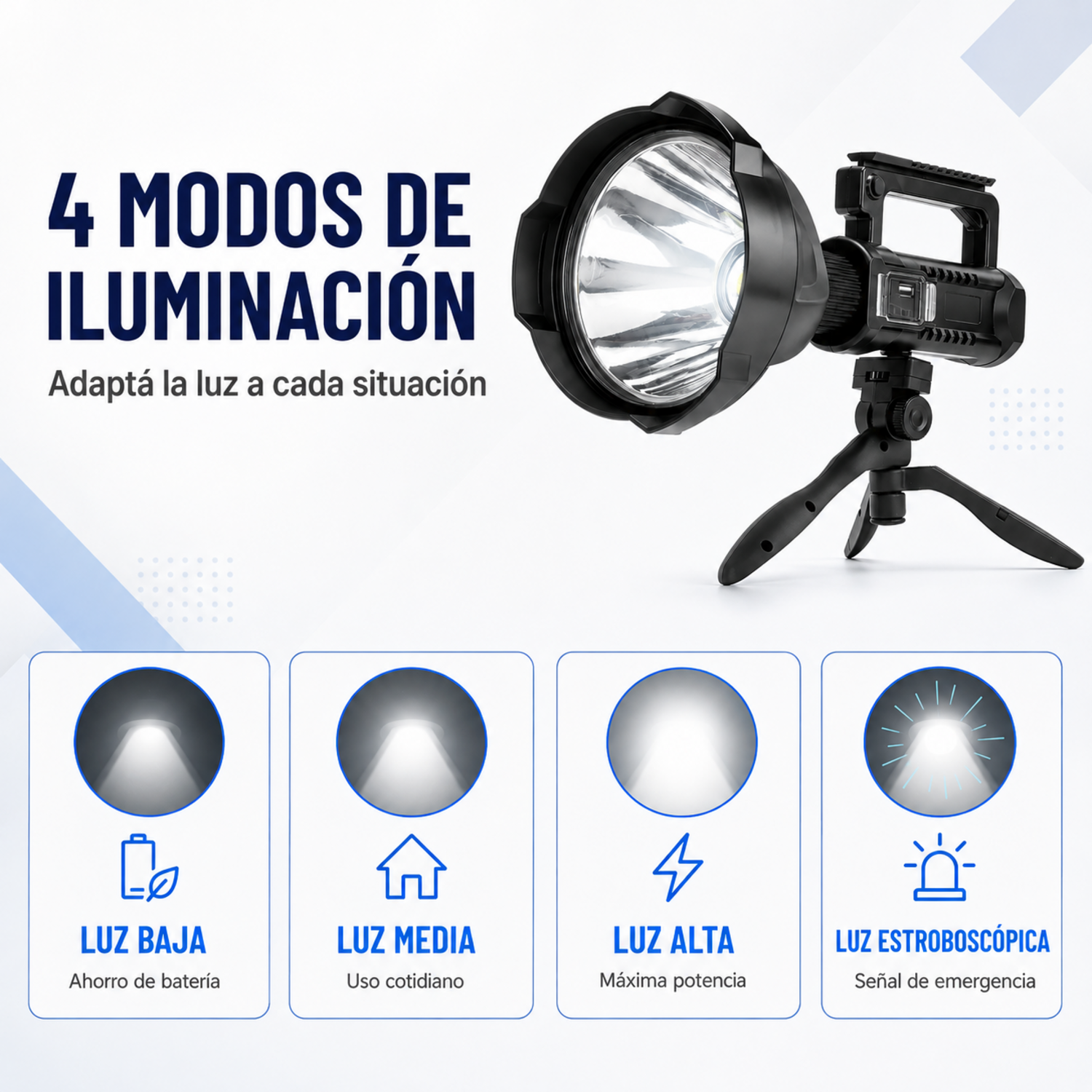 Foco Reflector Led Linterna Largo Alcance Batería Recargable color negro