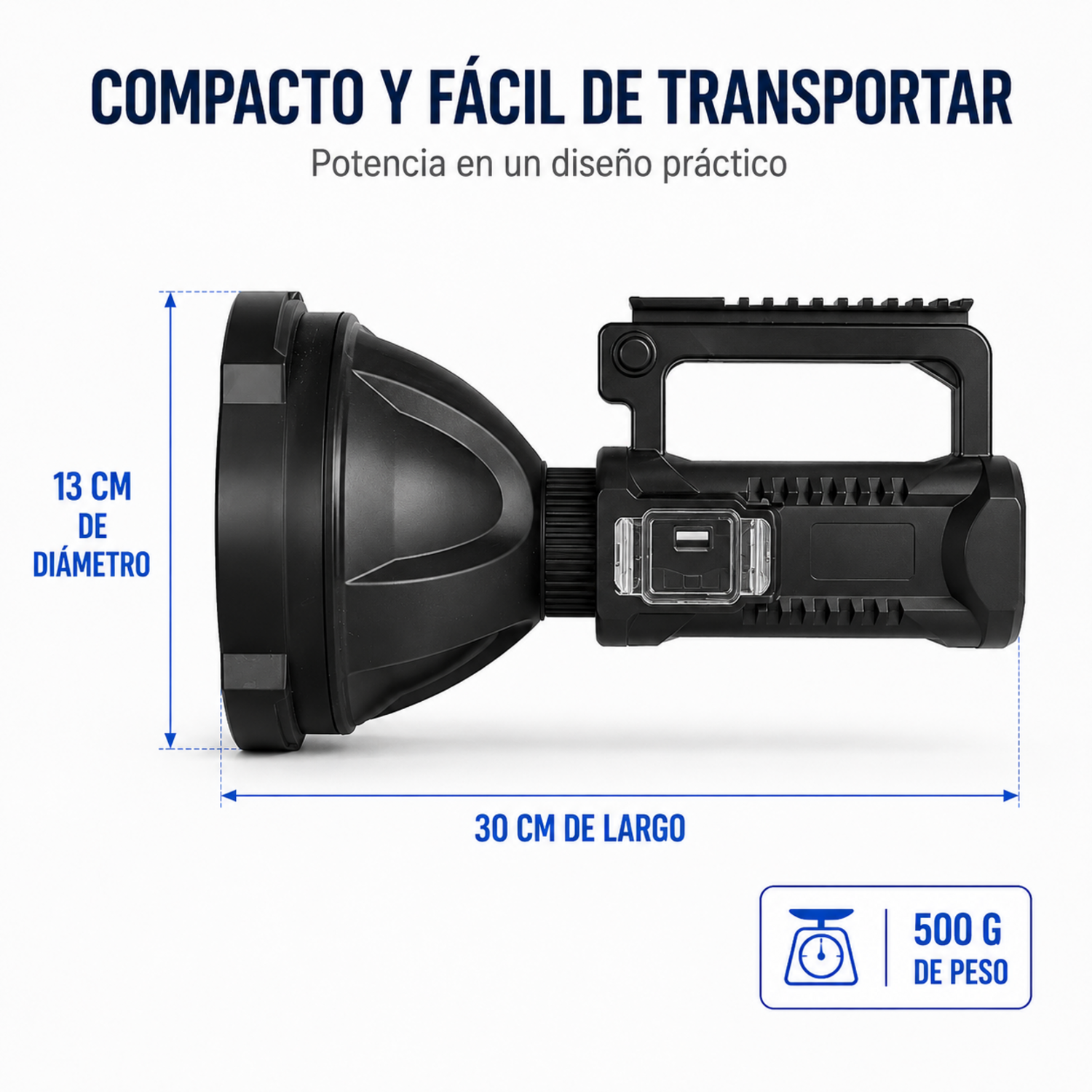 Foco Reflector Led Linterna Largo Alcance Batería Recargable color negro