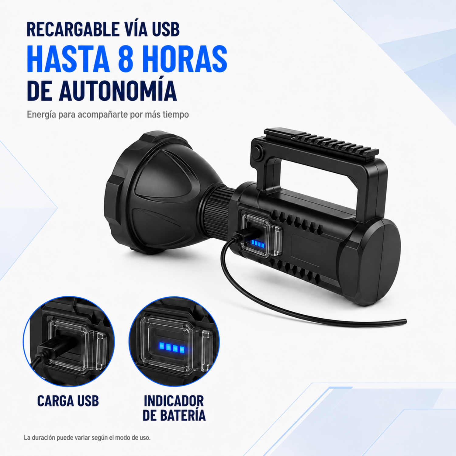 Foco Reflector Led Linterna Largo Alcance Batería Recargable color negro