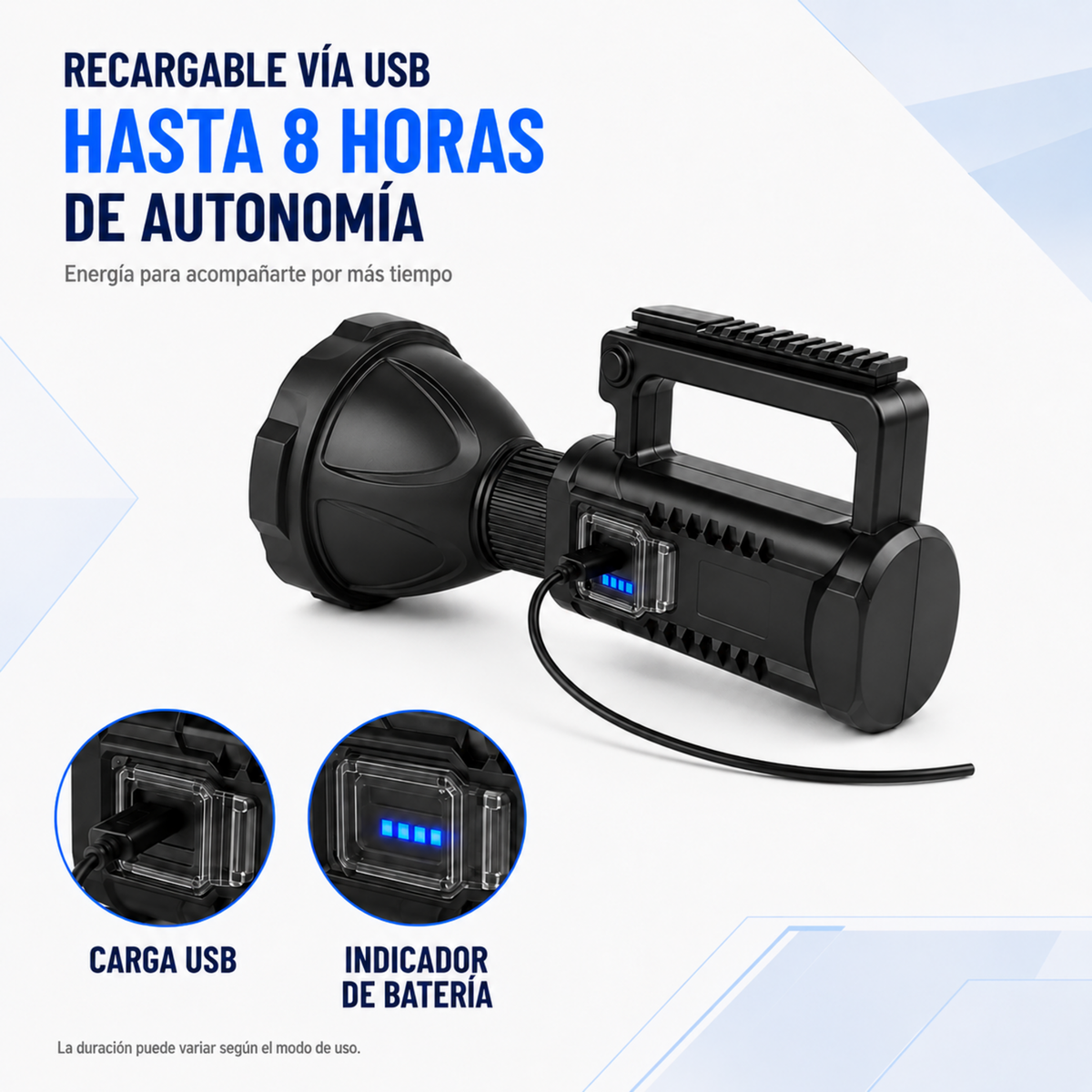 Foco Reflector Led Linterna Largo Alcance Batería Recargable color negro