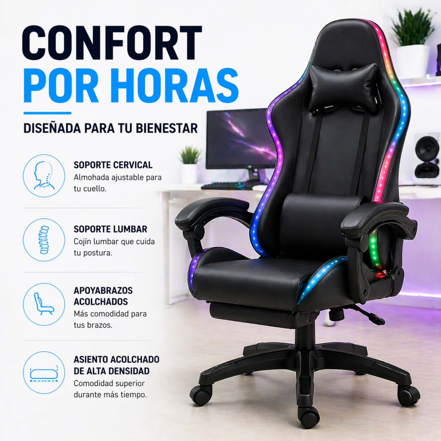 Silla Gamer Ergonómica Reclinable Luces Rgb Con Apoya Pies