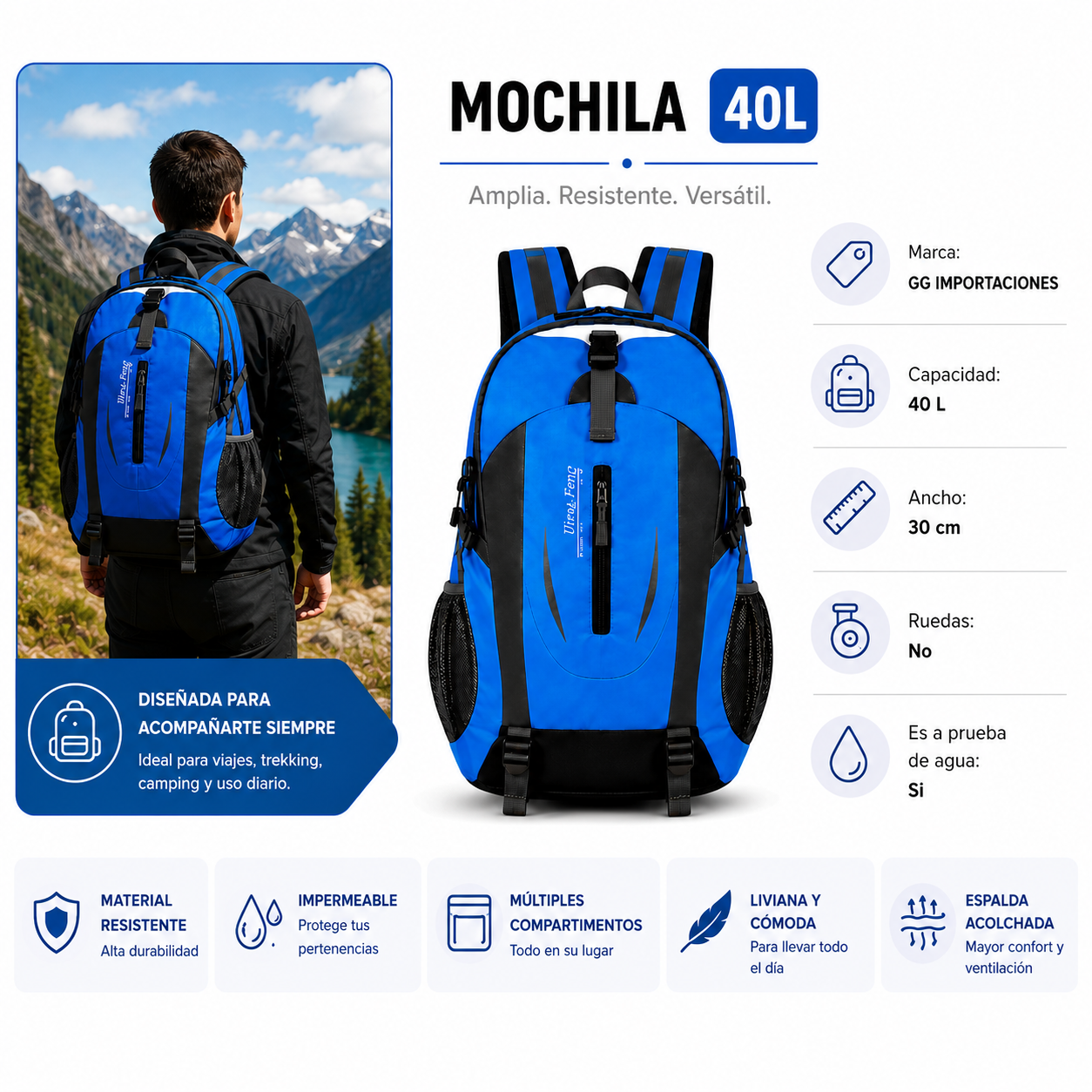 Mochila Viajes Trekking Camping Senderismo 40l Impermeable