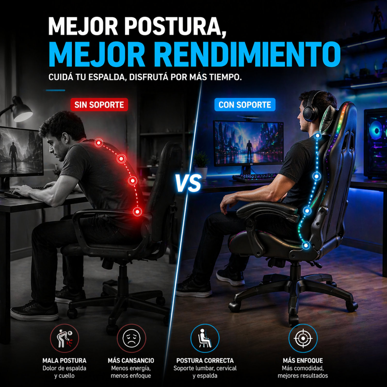 Silla Gamer Ergonómica Reclinable Luces Rgb Con Apoya Pies