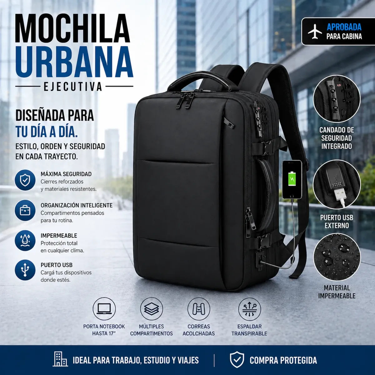 Mochila De Viaje Antirrobo Ejecutiva Notebook 15.6 Con Usb