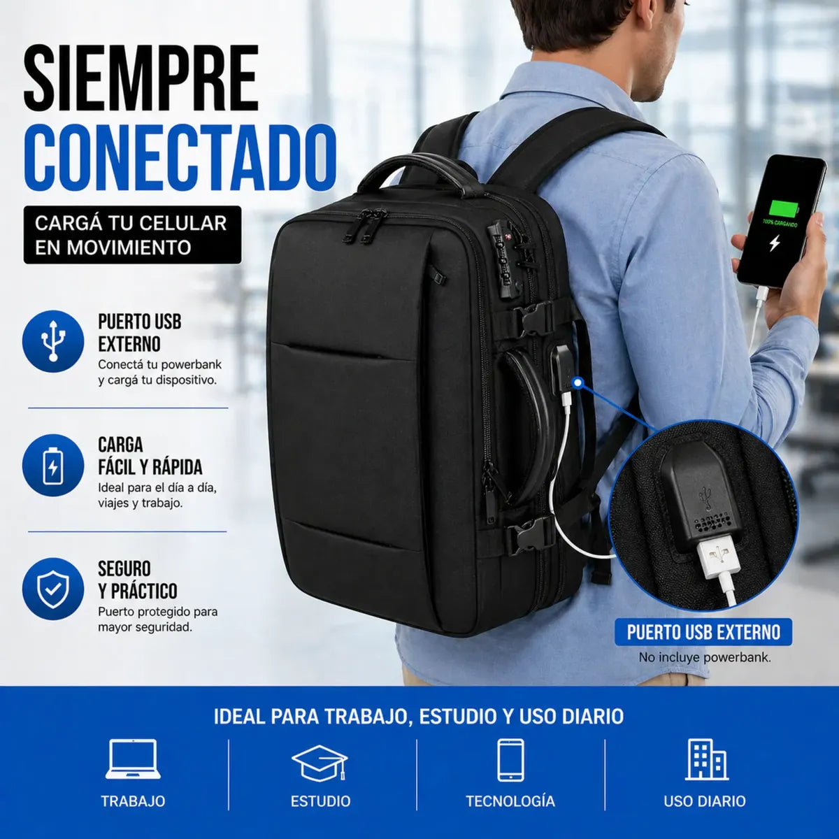 Mochila De Viaje Antirrobo Ejecutiva Notebook 15.6 Con Usb