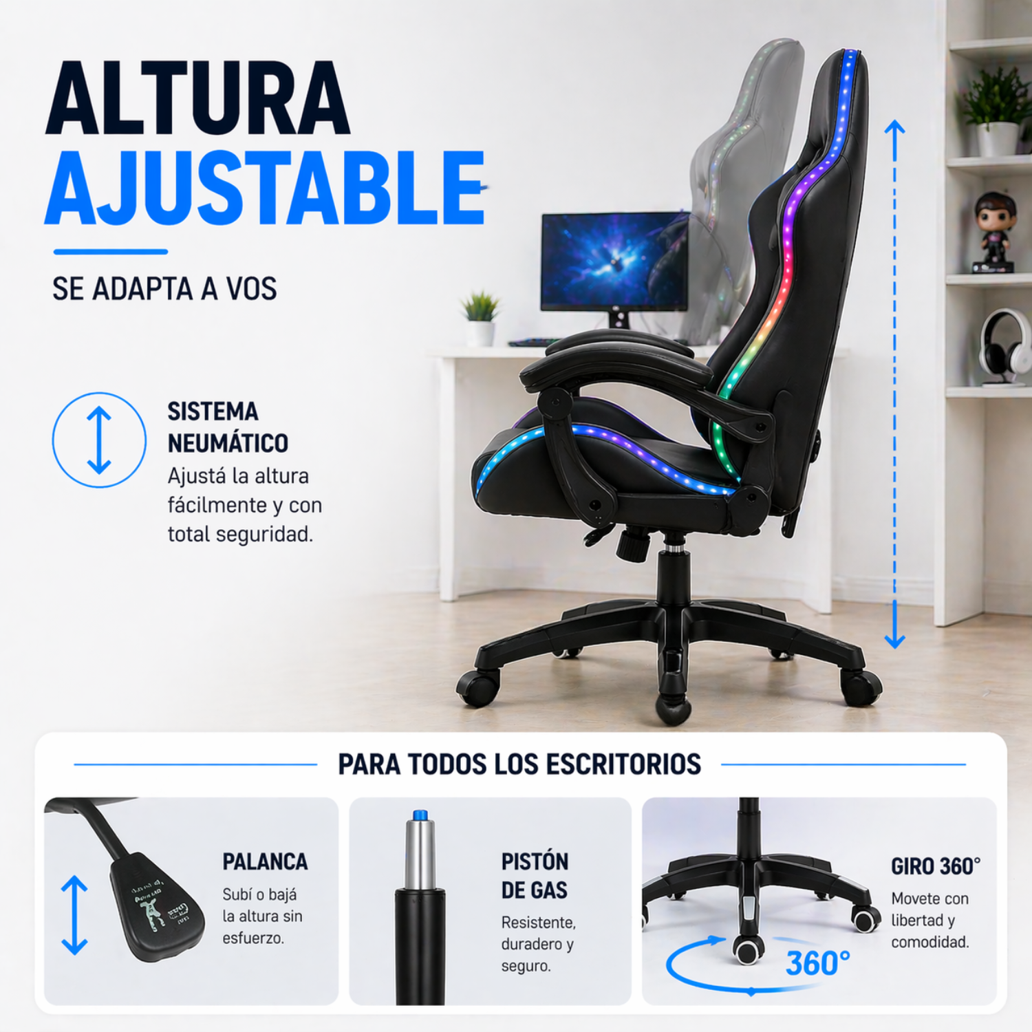 Silla Gamer Ergonómica Reclinable Luces Rgb Con Apoya Pies
