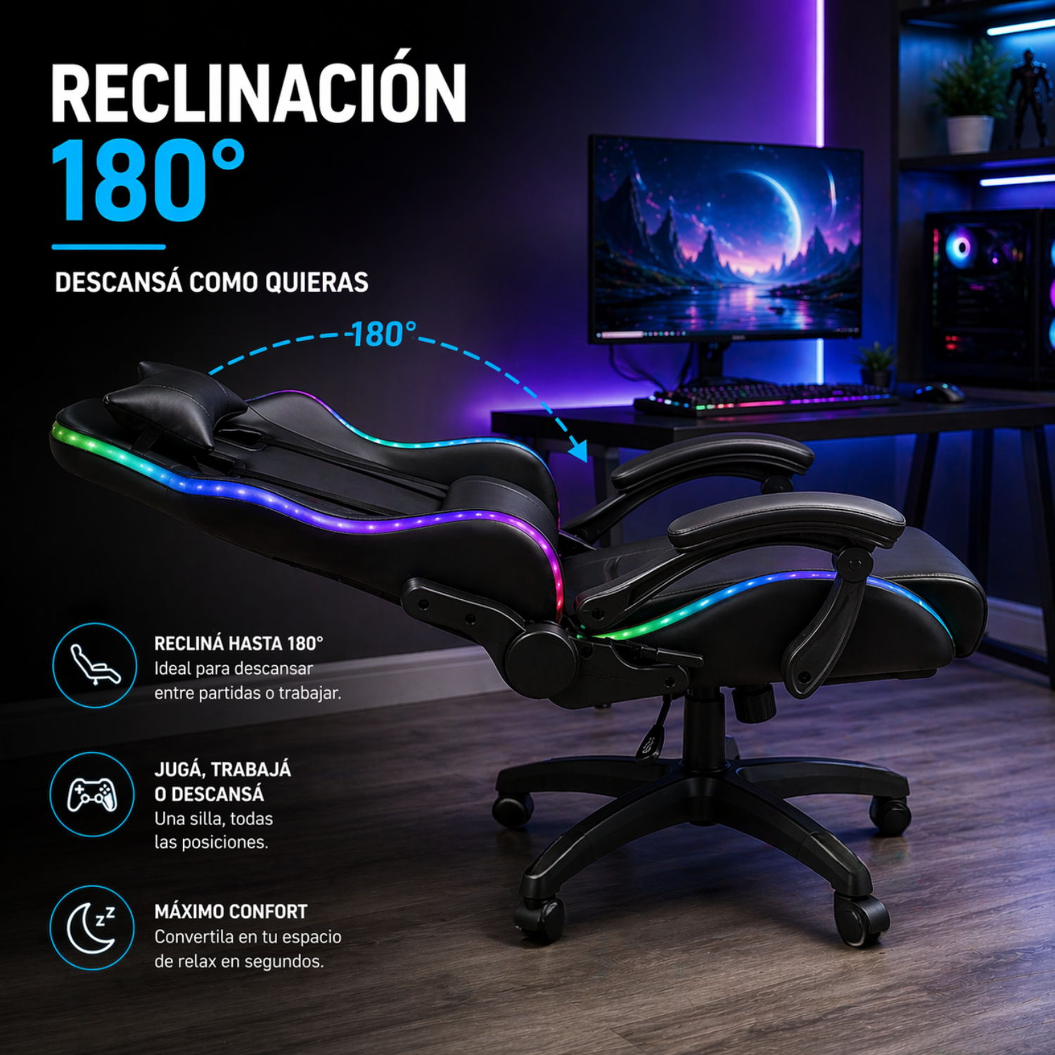 Silla Gamer Ergonómica Reclinable Luces Rgb Con Apoya Pies