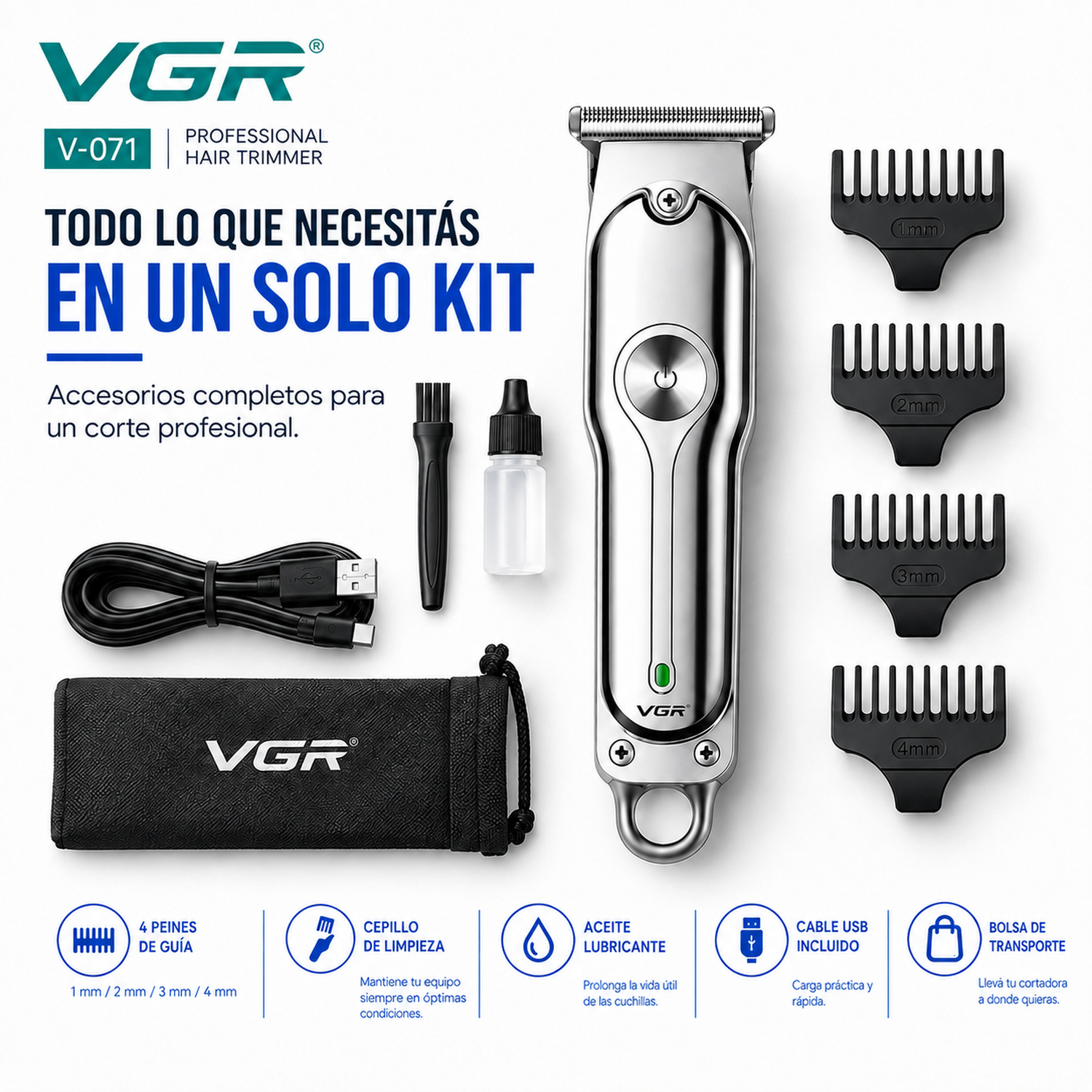 Maquina Corta Pelo Barba Vgr V-071 Profesional Recargable Color Plateado