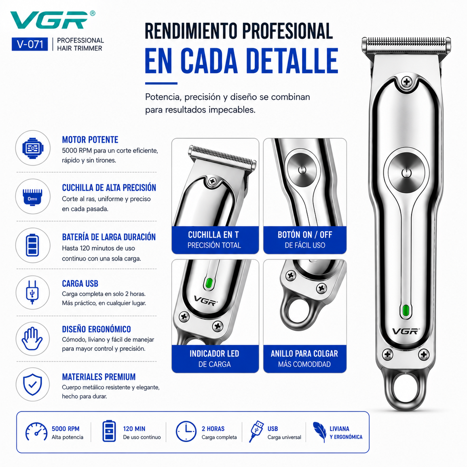 Maquina Corta Pelo Barba Vgr V-071 Profesional Recargable Color Plateado