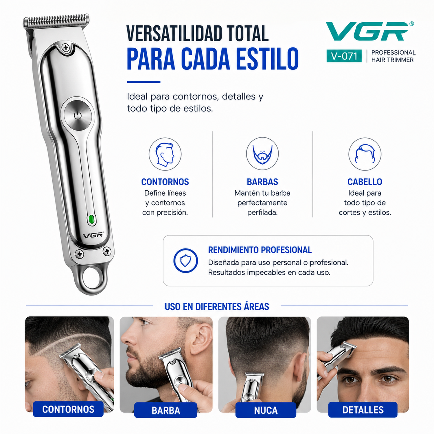 Maquina Corta Pelo Barba Vgr V-071 Profesional Recargable Color Plateado