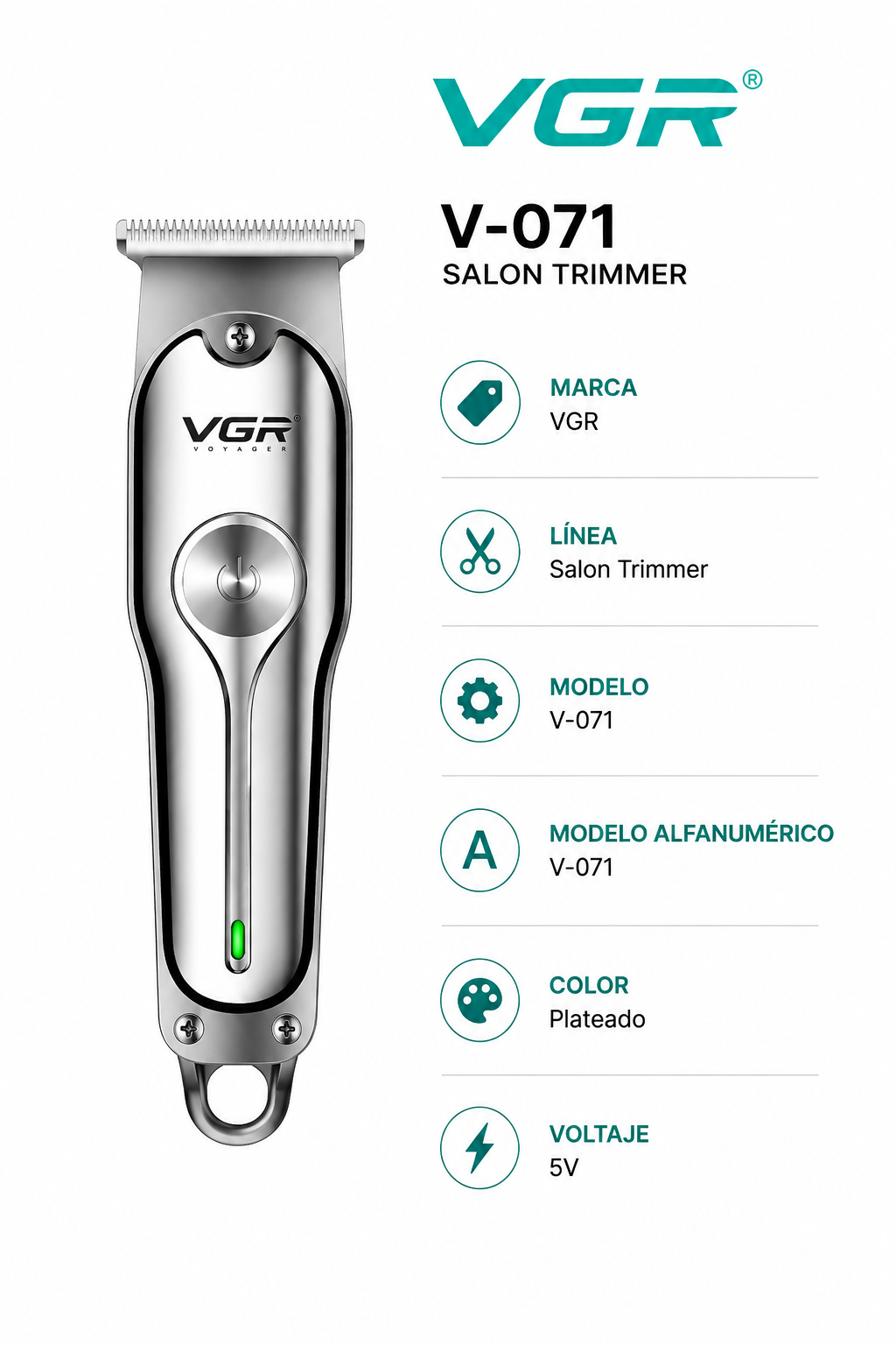 Maquina Corta Pelo Barba Vgr V-071 Profesional Recargable Color Plateado